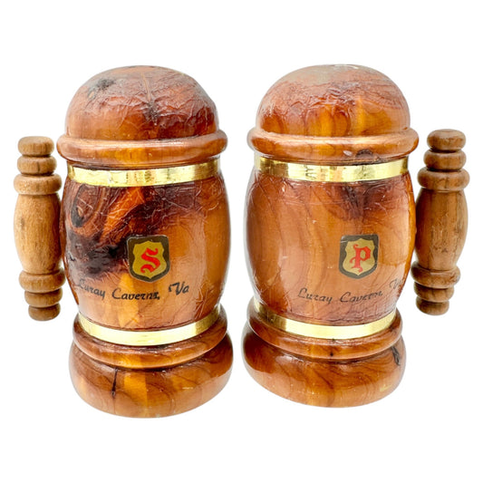Vtg Luray Caverns Souvenir Wood Salt and Pepper Shakers Barrel Design Gold Trim