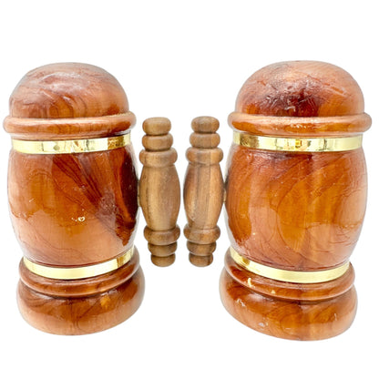 Vtg Luray Caverns Souvenir Wood Salt and Pepper Shakers Barrel Design Gold Trim