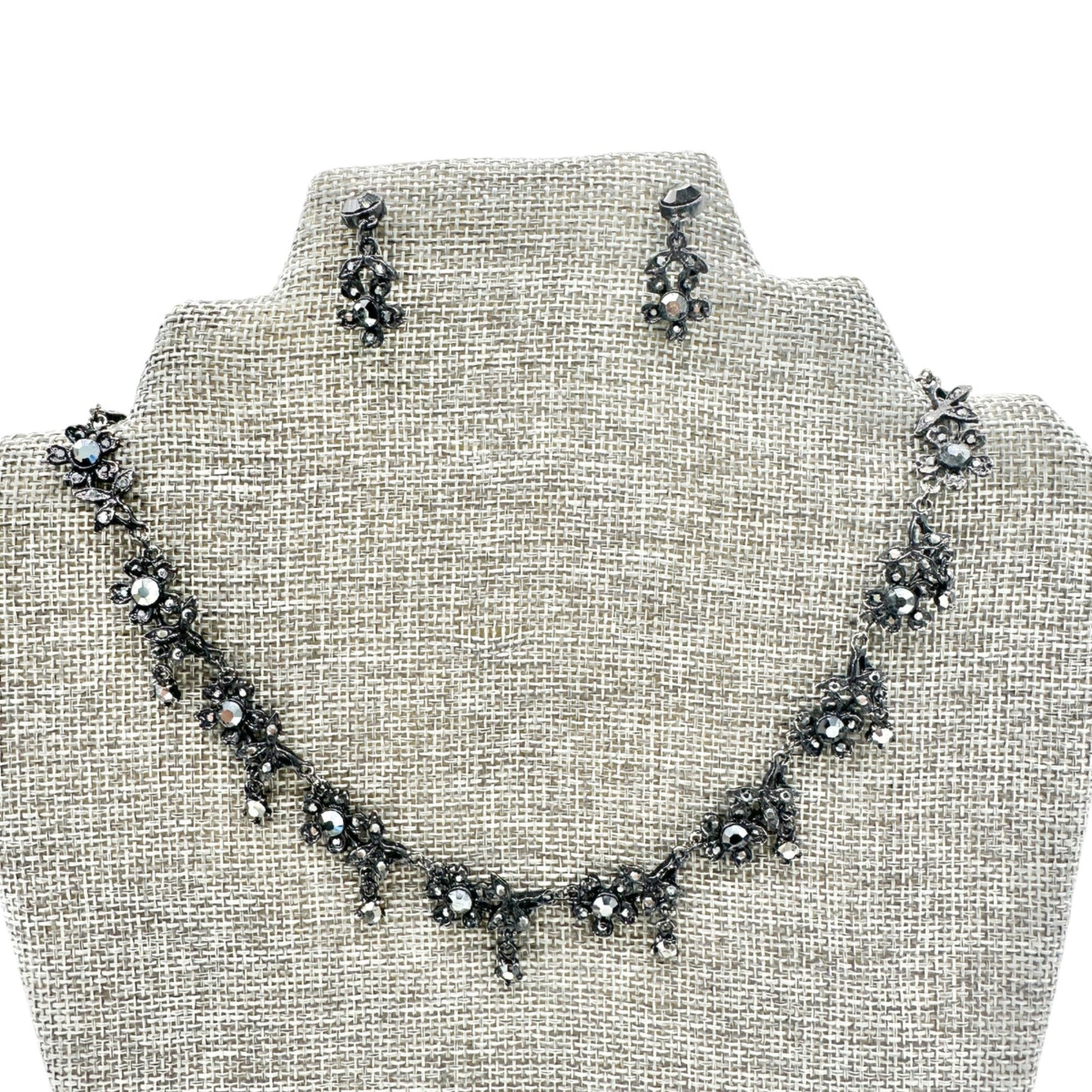 Vintage Black Floral Crystal Necklace and Earrings Set 15" Necklace 1" Earrings