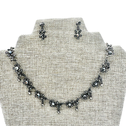 Vintage Black Floral Crystal Necklace and Earrings Set 15" Necklace 1" Earrings