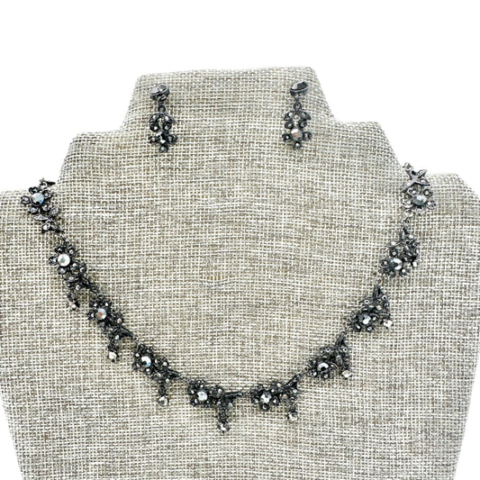 Vintage Black Floral Crystal Necklace and Earrings Set 15" Necklace 1" Earrings