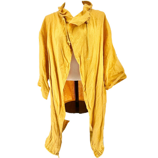 Linen Jacket Womens Oversized XL Yellow Drawstring Collar and Hem Made In Italy