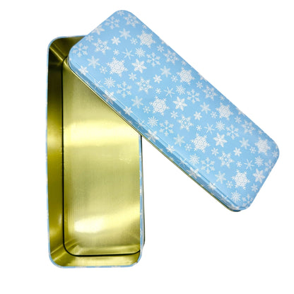 Holiday Gift Tin Blue Snowflakes Rectangular Goodies Gift Giving 9 x 3