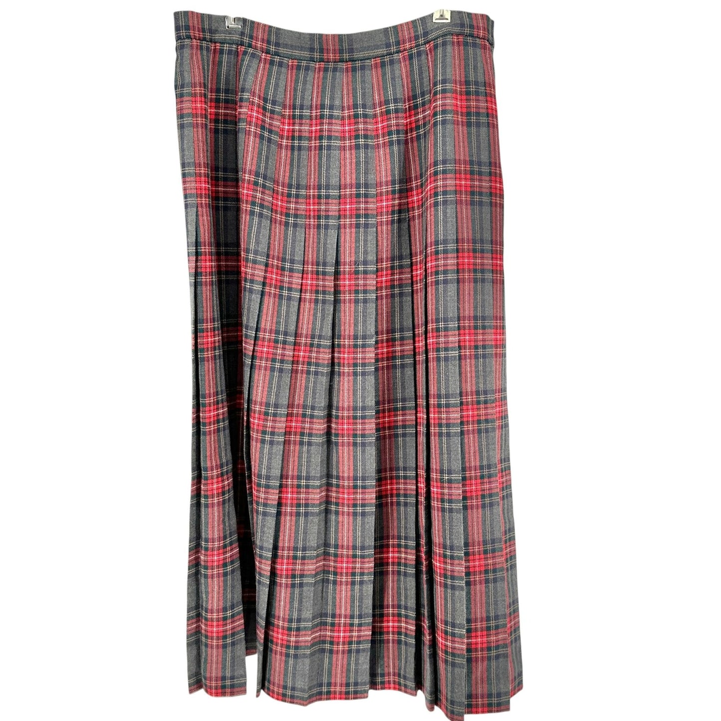 Lands End Womens Plaid Wool Pleated Midi Skirt Size 18 Reg Red Gray Made In USA