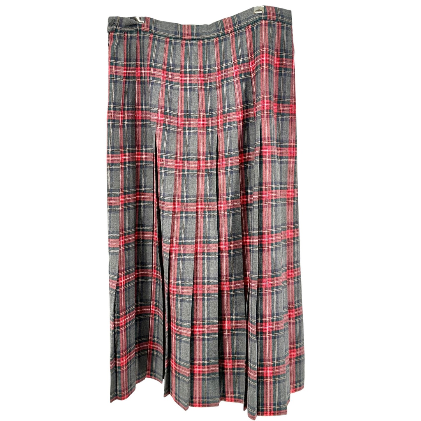Lands End Womens Plaid Wool Pleated Midi Skirt Size 18 Reg Red Gray Made In USA