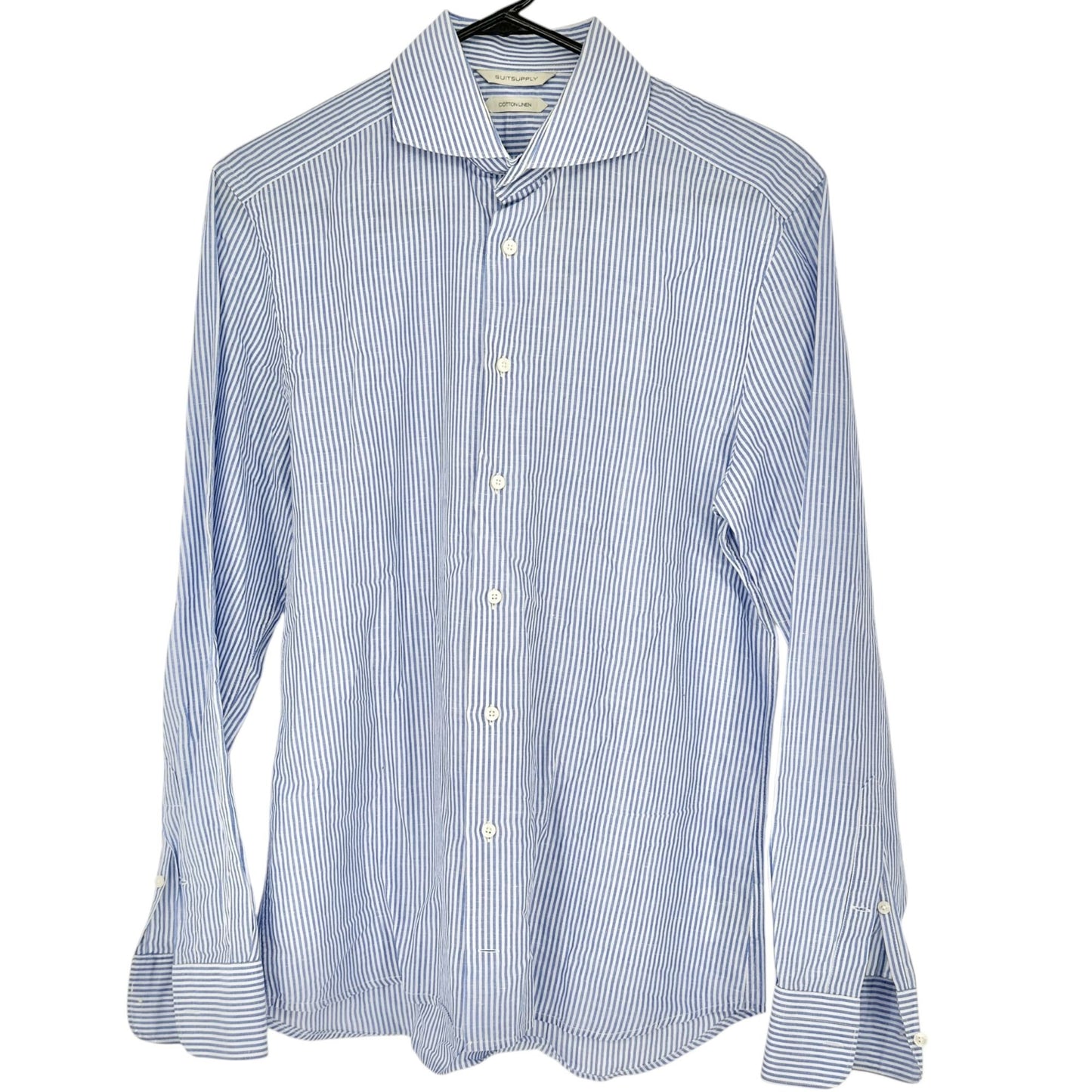 SuitSupply Button Up Shirt Mens Sz 15.5 Collar Blue White Stripe LS Cotton Linen