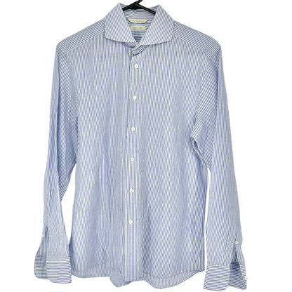 SuitSupply Button Up Shirt Mens Sz 15.5 Collar Blue White Stripe LS Cotton Linen