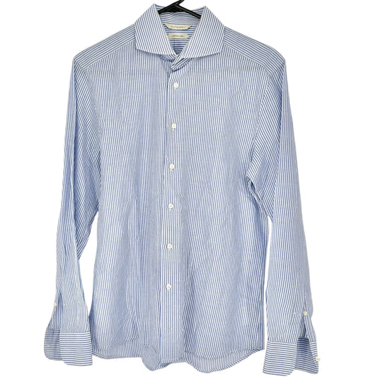 SuitSupply Button Up Shirt Mens Sz 15.5 Collar Blue White Stripe LS Cotton Linen