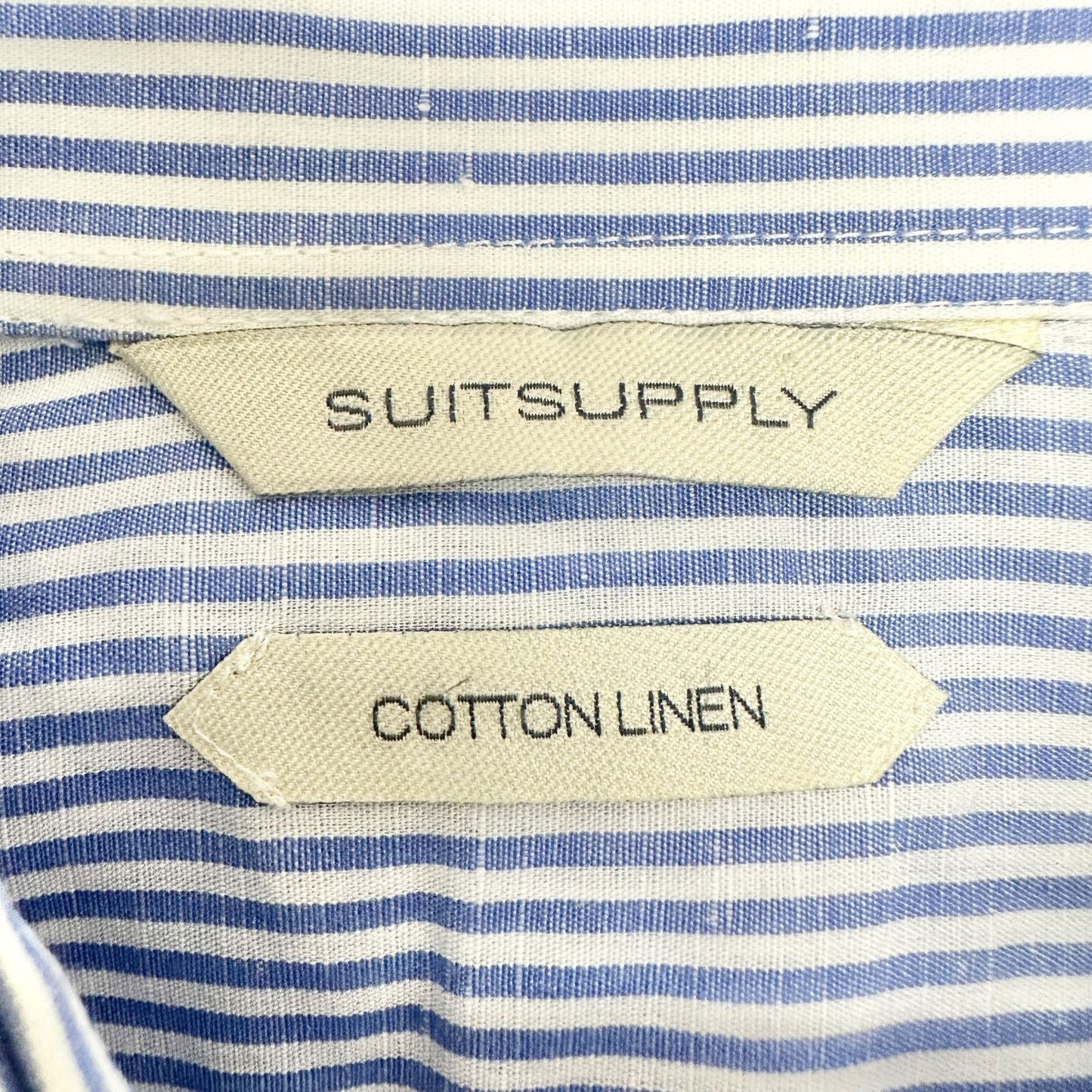 SuitSupply Button Up Shirt Mens Sz 15.5 Collar Blue White Stripe LS Cotton Linen
