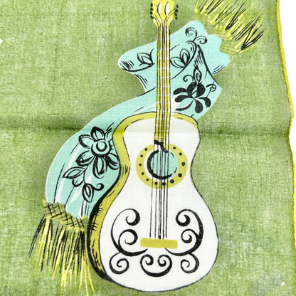 Vtg Mary Lewis Green Square Scarf Spanish Inspired Print Rose Guitar Fan Motif
