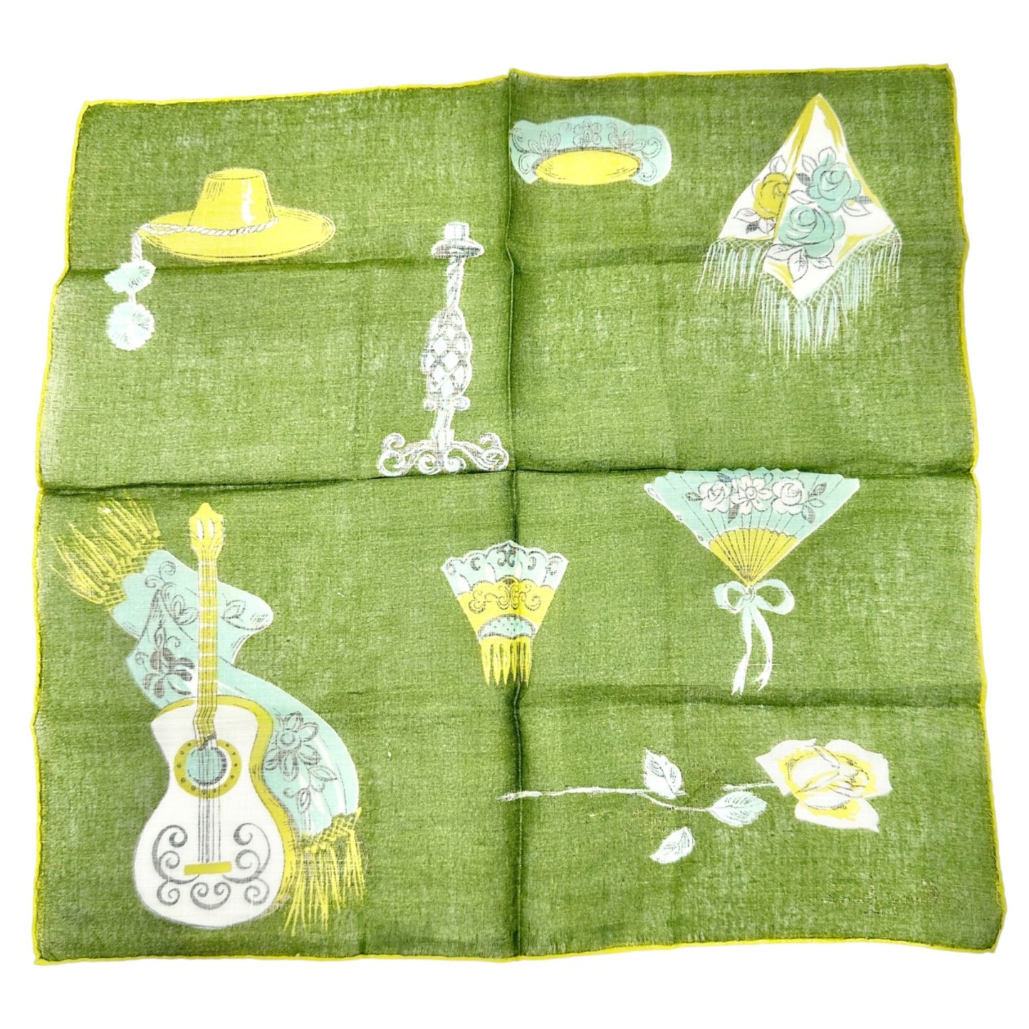 Vtg Mary Lewis Green Square Scarf Spanish Inspired Print Rose Guitar Fan Motif