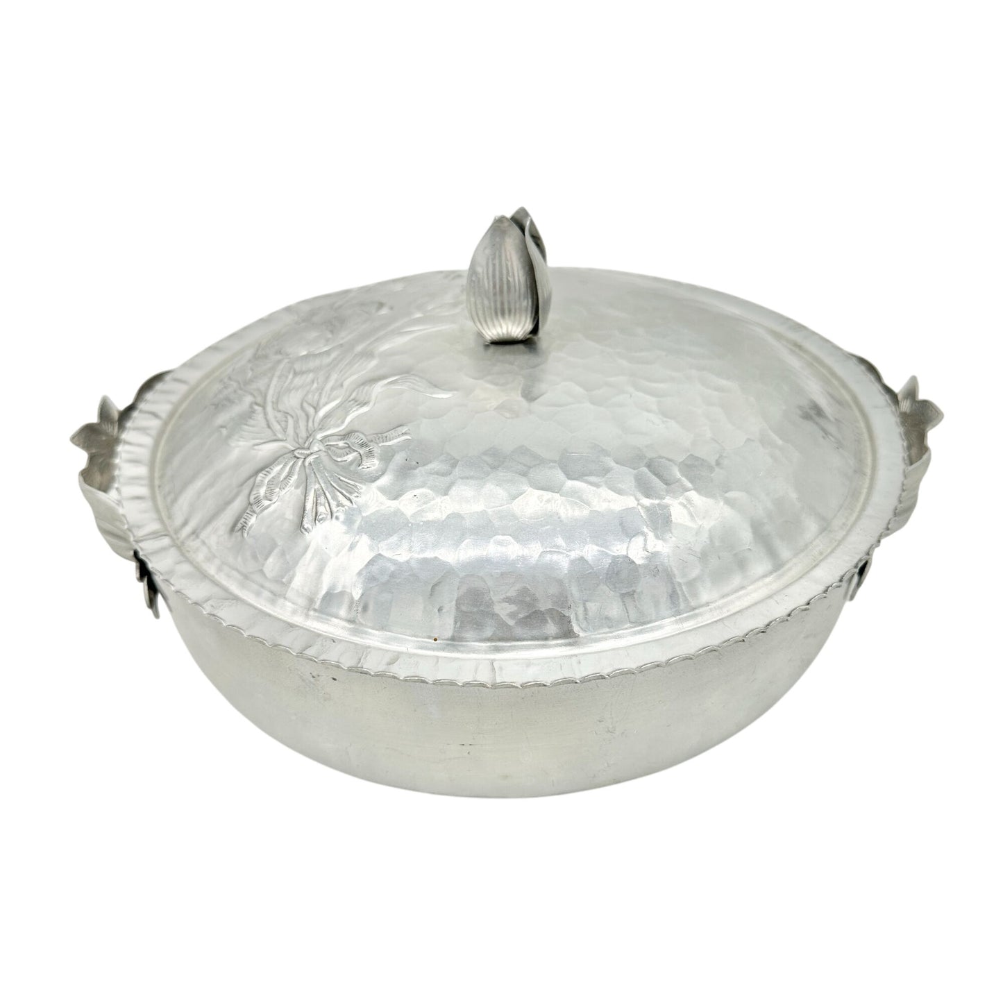 Vintage Covered Dish Hand-Hammered Aluminum Tulip Pattern Lid Handles 8.5 inch