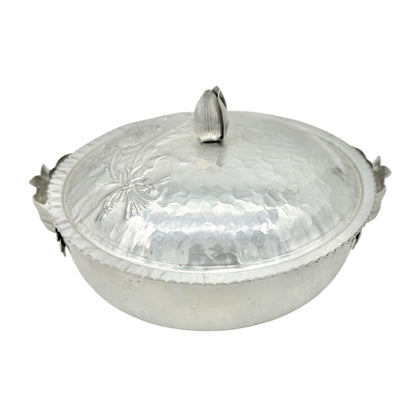 Vintage Covered Dish Hand-Hammered Aluminum Tulip Pattern Lid Handles 8.5 inch