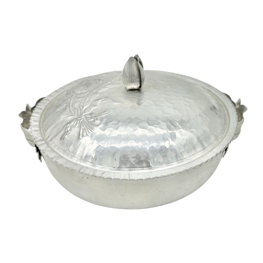 Vintage Covered Dish Hand-Hammered Aluminum Tulip Pattern Lid Handles 8.5 inch
