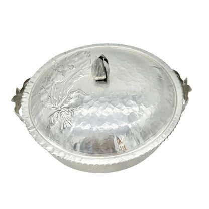 Vintage Covered Dish Hand-Hammered Aluminum Tulip Pattern Lid Handles 8.5 inch