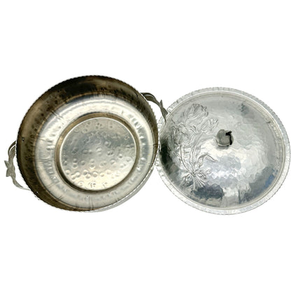 Vintage Covered Dish Hand-Hammered Aluminum Tulip Pattern Lid Handles 8.5 inch