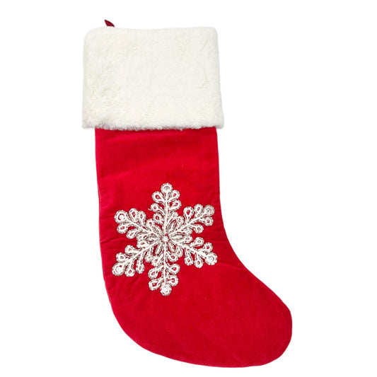 Max Studio Home Christmas Stocking Red Velvet Bead Snowflake Faux Fur White Cuff