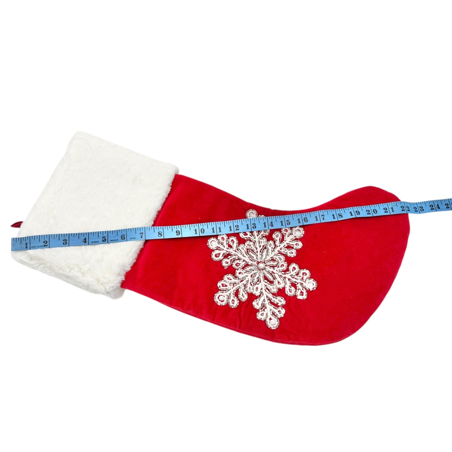 Max Studio Home Christmas Stocking Red Velvet Bead Snowflake Faux Fur White Cuff