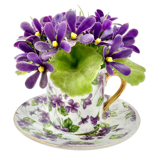 Vtg Inarco E-563 Porcelain Violet Floral Cup Saucer Figurine Flowers Gold Accent