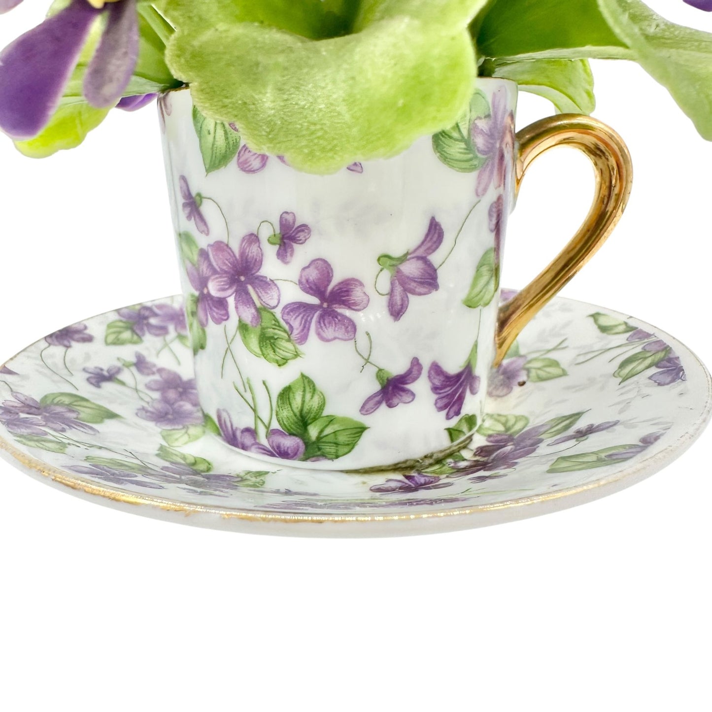 Vtg Inarco E-563 Porcelain Violet Floral Cup Saucer Figurine Flowers Gold Accent