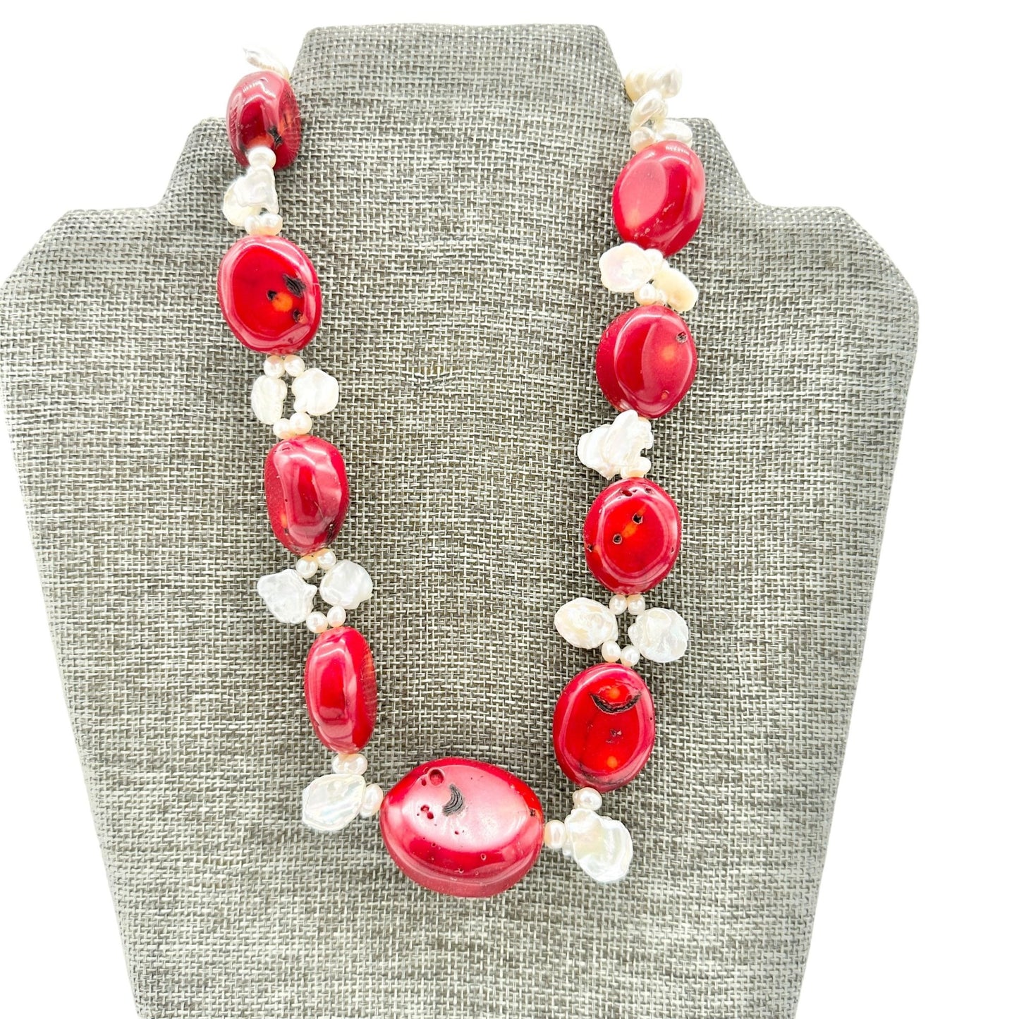 By Grace Necklace Red Polished Coral Freshwater Pearls Silver Tone Adjustable