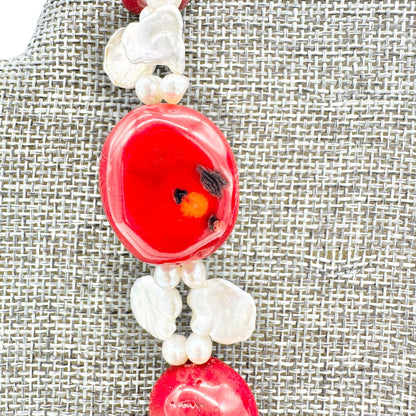 By Grace Necklace Red Polished Coral Freshwater Pearls Silver Tone Adjustable