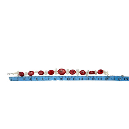 By Grace Necklace Red Polished Coral Freshwater Pearls Silver Tone Adjustable
