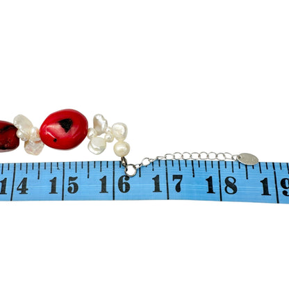 By Grace Necklace Red Polished Coral Freshwater Pearls Silver Tone Adjustable