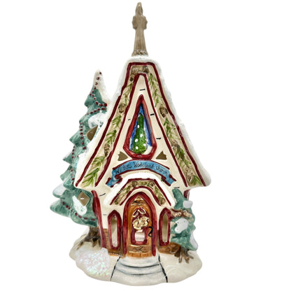 Blue Sky Clayworks Winters Woodland Church Tealight Holder Ceramic Decor 2012