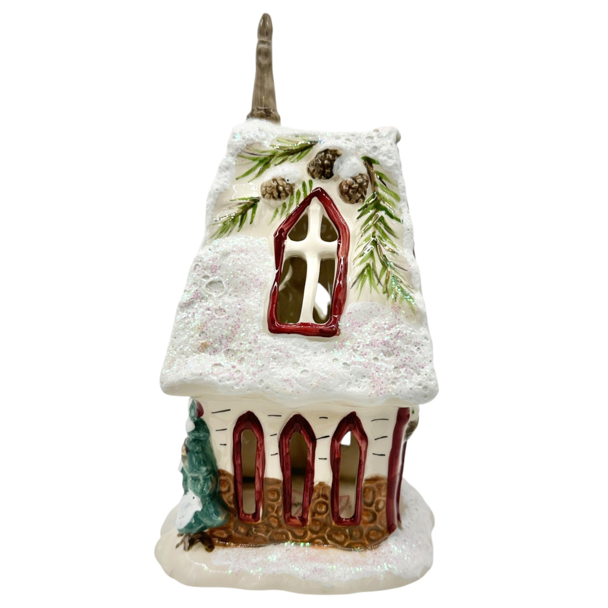 Blue Sky Clayworks Winters Woodland Church Tealight Holder Ceramic Decor 2012