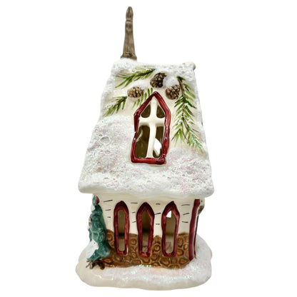 Blue Sky Clayworks Winters Woodland Church Tealight Holder Ceramic Decor 2012