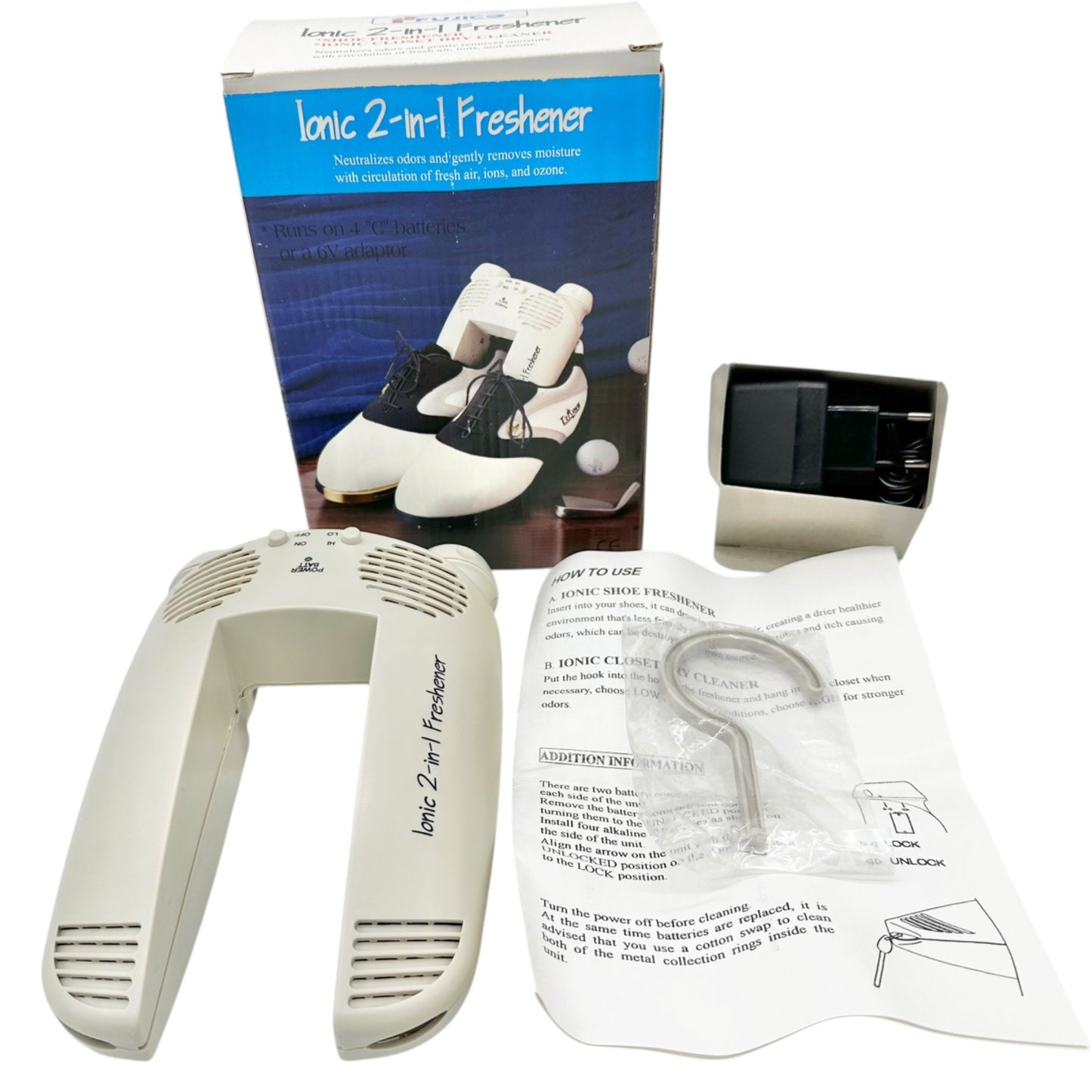 Ionic 2 In 1 Freshener for Shoes or Closet Odors or Moisture -Power Adapter+Hook