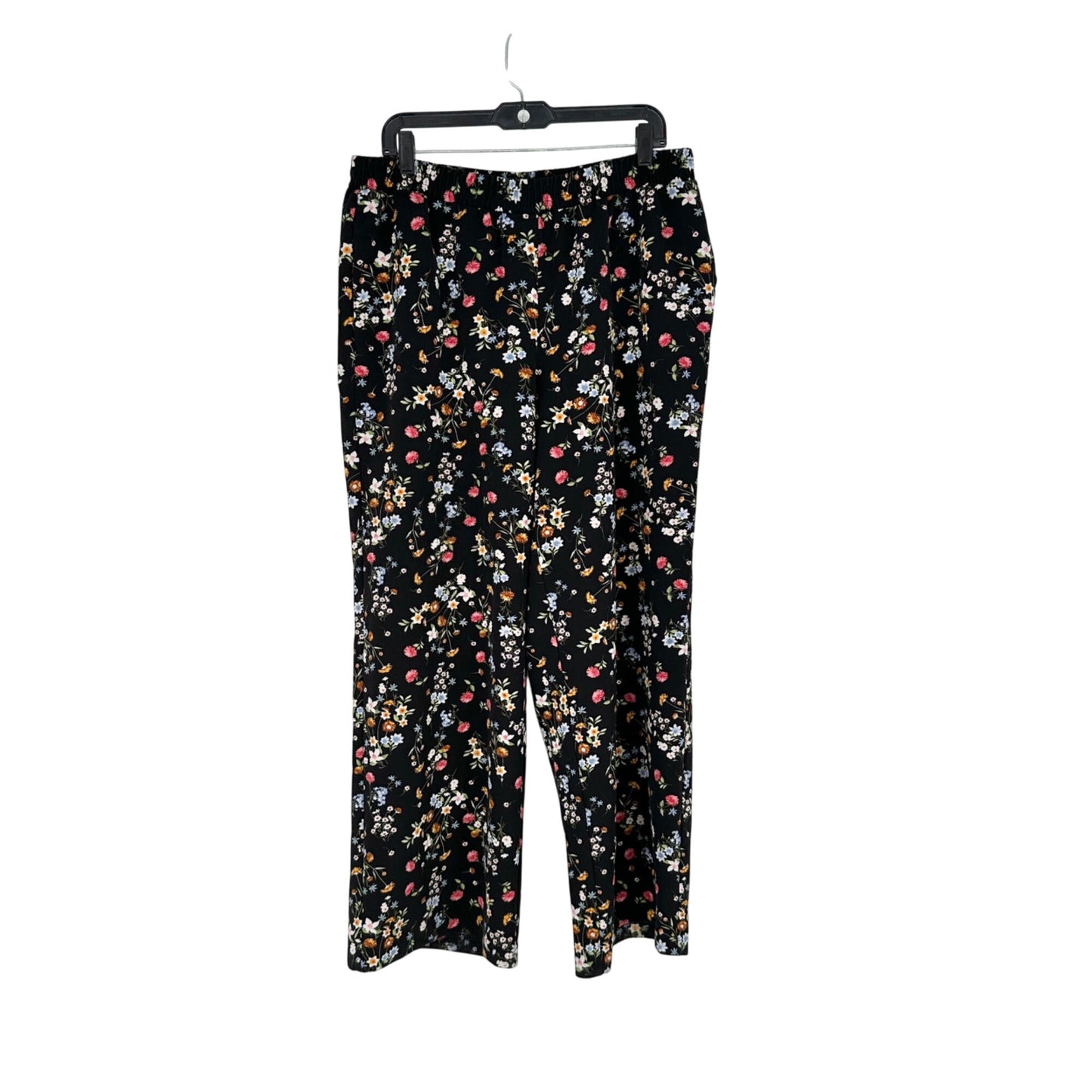 Womens 1X Black Floral Pull On Elastic Waist Wide Leg Pants by Roz & Ali