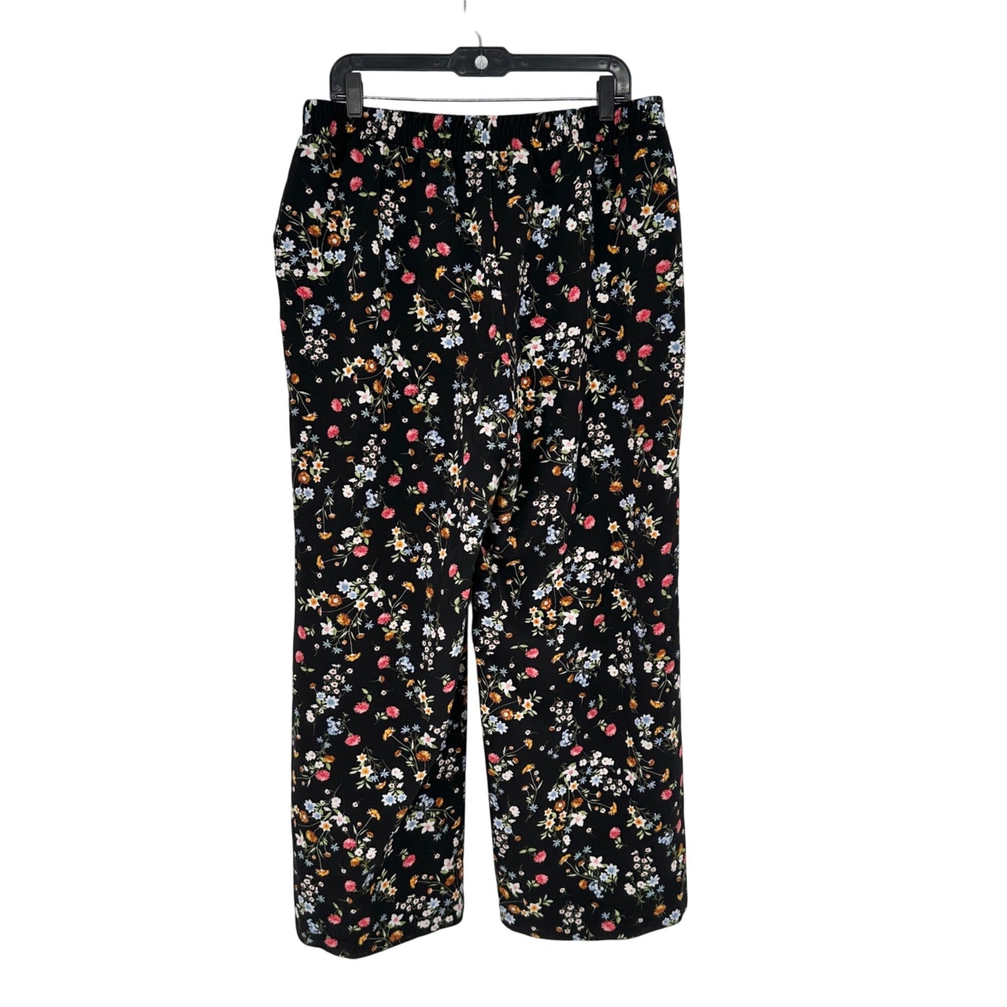 Womens 1X Black Floral Pull On Elastic Waist Wide Leg Pants by Roz & Ali