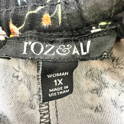 Womens 1X Black Floral Pull On Elastic Waist Wide Leg Pants by Roz & Ali