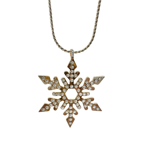 Snowflake Rhinestone Pendant Necklace 32 inches Gold Tone With Adjustable Chain