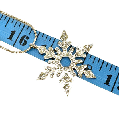 Snowflake Rhinestone Pendant Necklace 32 inches Gold Tone With Adjustable Chain