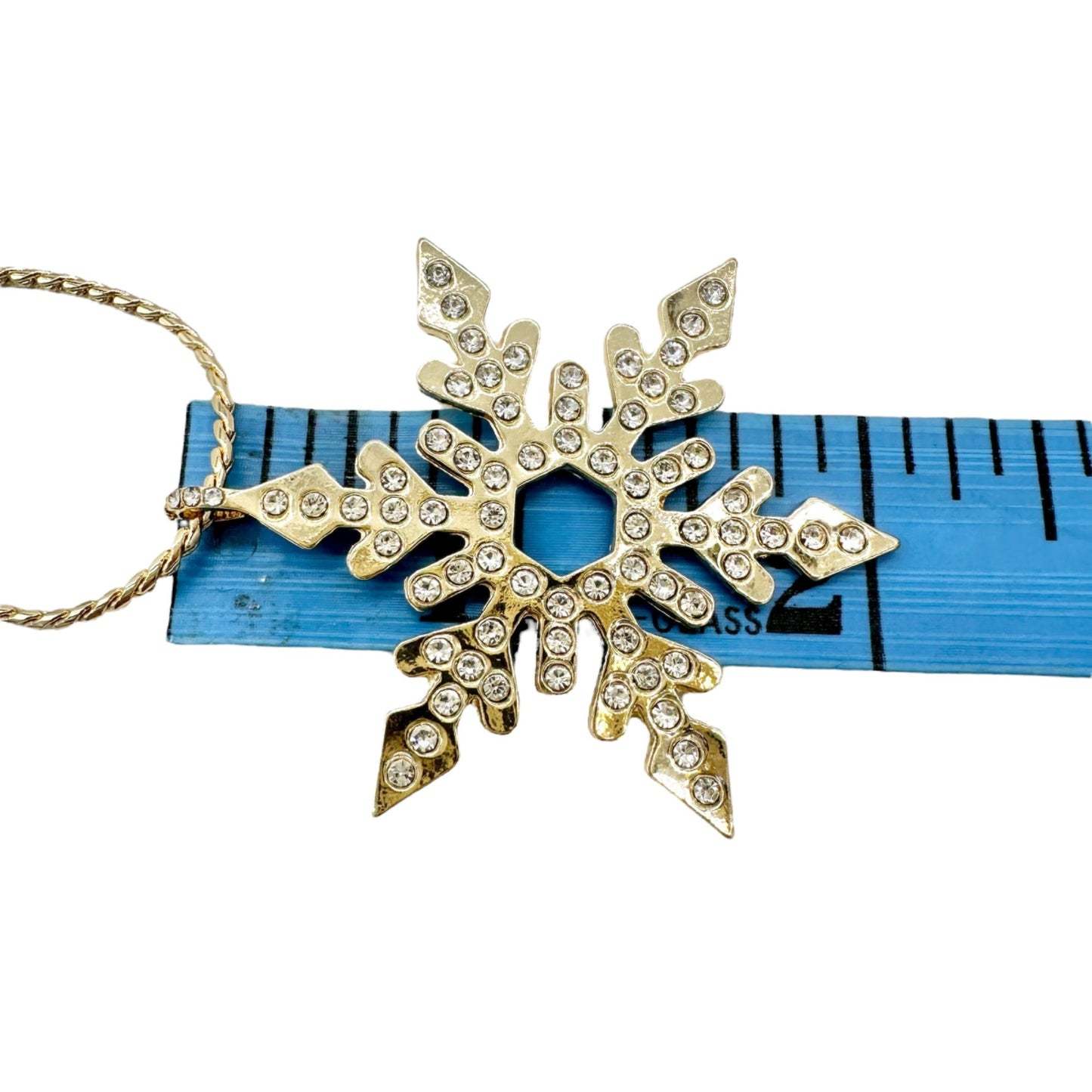Snowflake Rhinestone Pendant Necklace 32 inches Gold Tone With Adjustable Chain