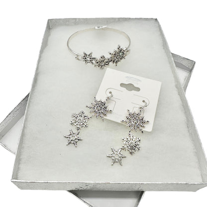 Snowflake Jewelry Set Earrings and Bracelet Icon Collection Silver Tone Winter