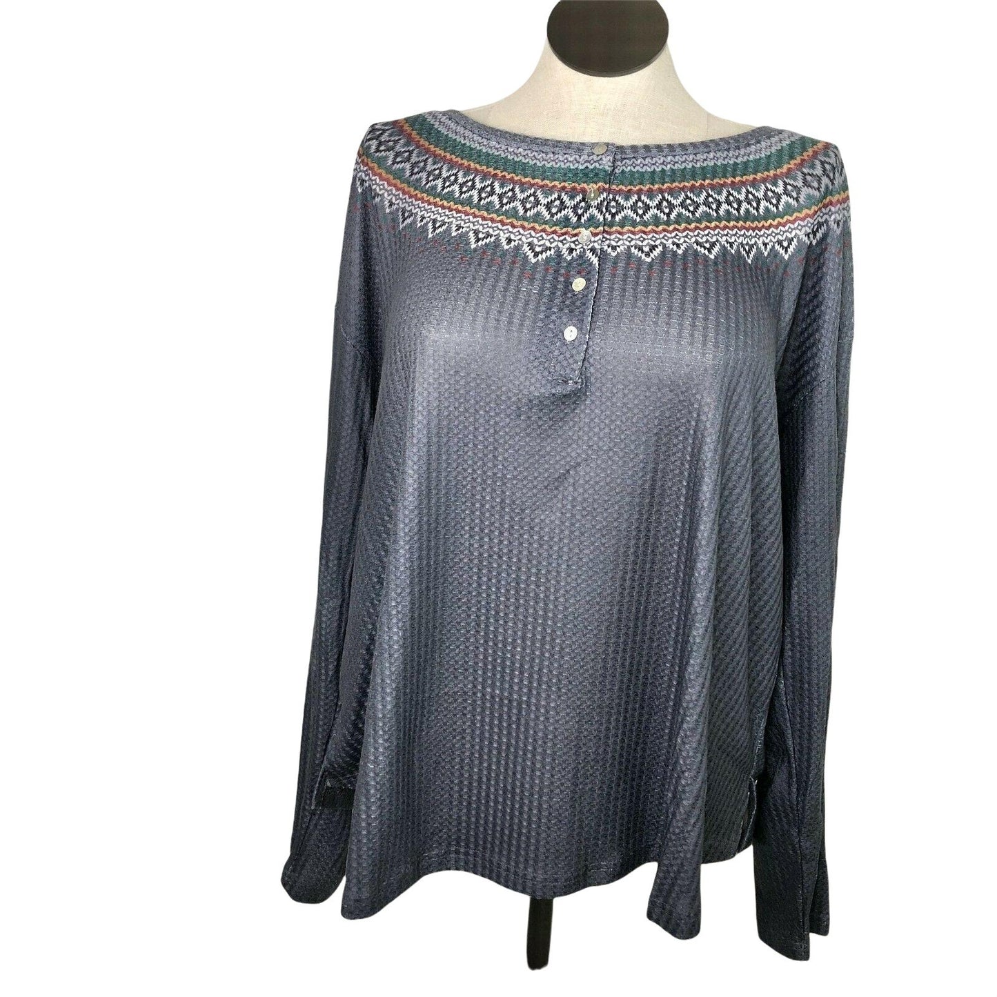 Luukse Womens Nordic Fair Isle Long Sleeve Button Front Top 3X Gray Poly Blend