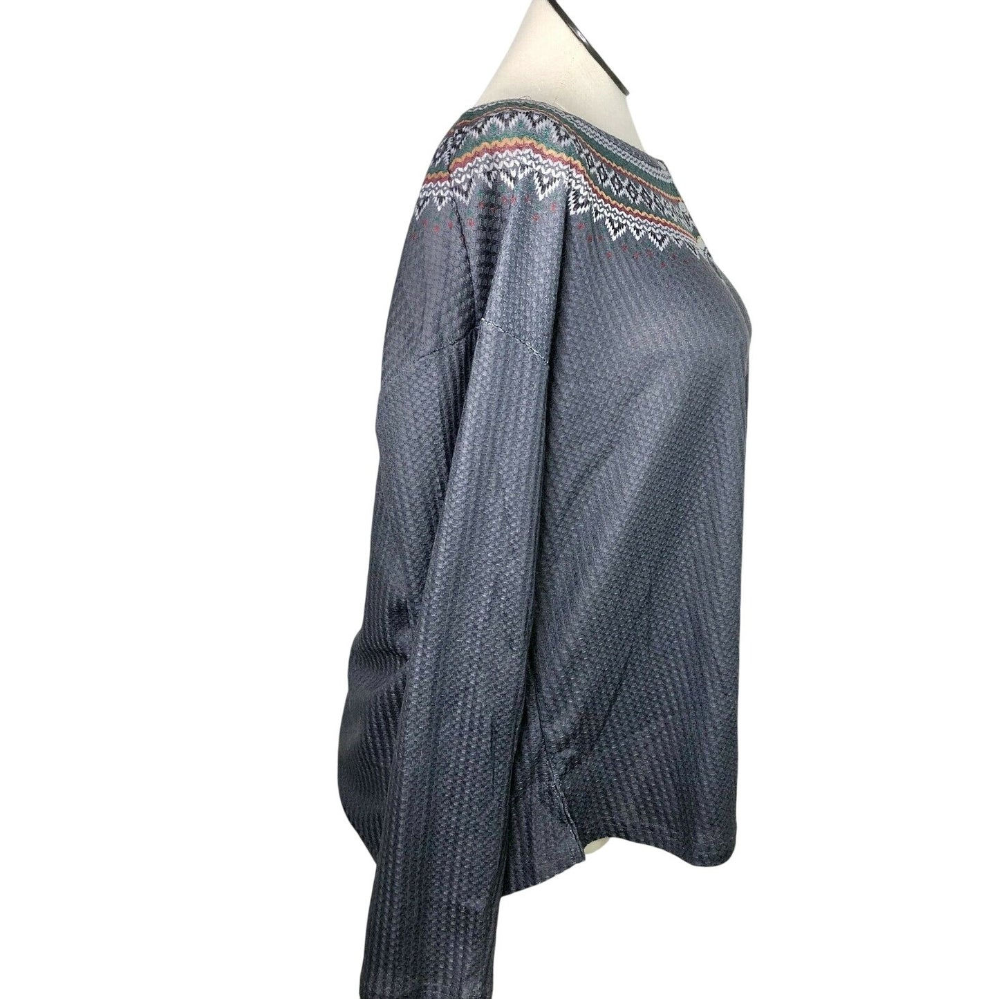 Luukse Womens Nordic Fair Isle Long Sleeve Button Front Top 3X Gray Poly Blend