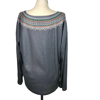 Luukse Womens Nordic Fair Isle Long Sleeve Button Front Top 3X Gray Poly Blend