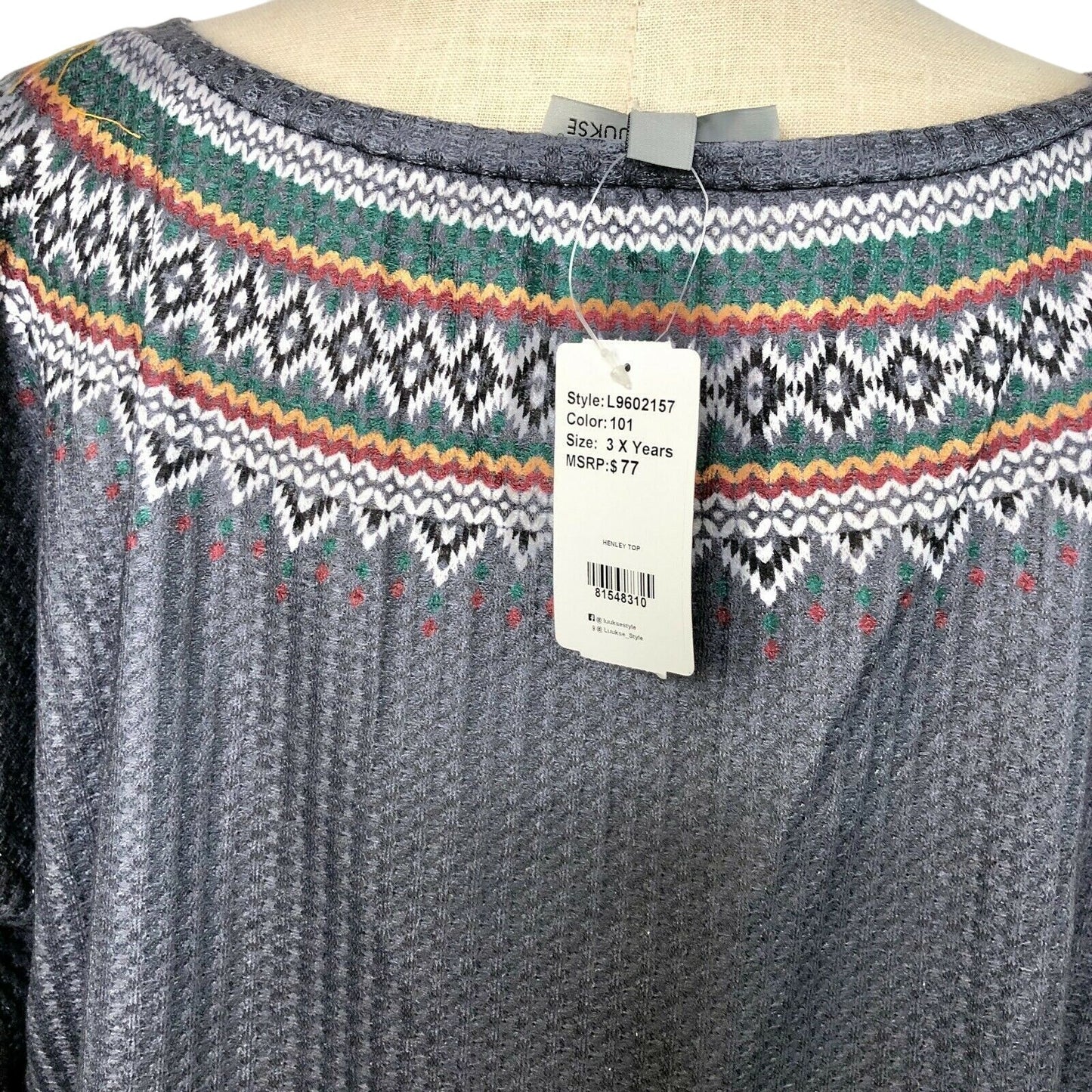 Luukse Womens Nordic Fair Isle Long Sleeve Button Front Top 3X Gray Poly Blend