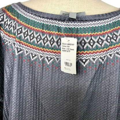 Luukse Womens Nordic Fair Isle Long Sleeve Button Front Top 3X Gray Poly Blend