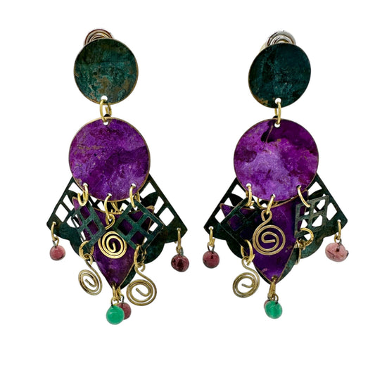 Statement Dangle Earrings Purple Green Geometric Brass Details Gemstone Accents