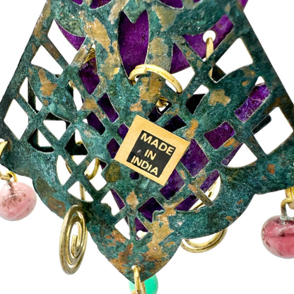 Statement Dangle Earrings Purple Green Geometric Brass Details Gemstone Accents