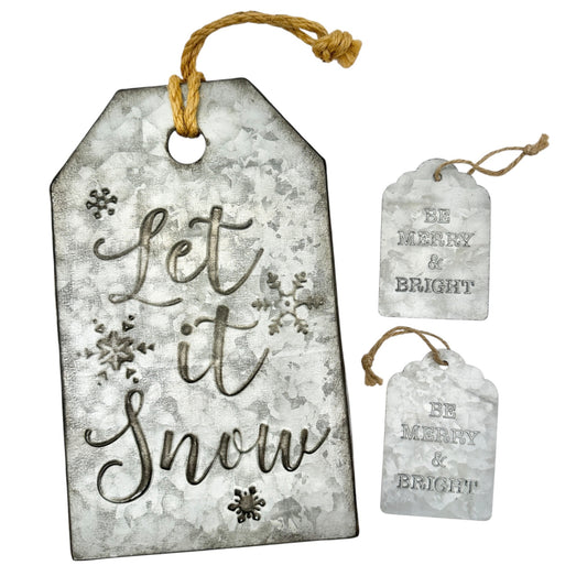 Galvanized Metal Holiday Wall Décor Set Let It Snow Be Merry Bright Twine Hanger