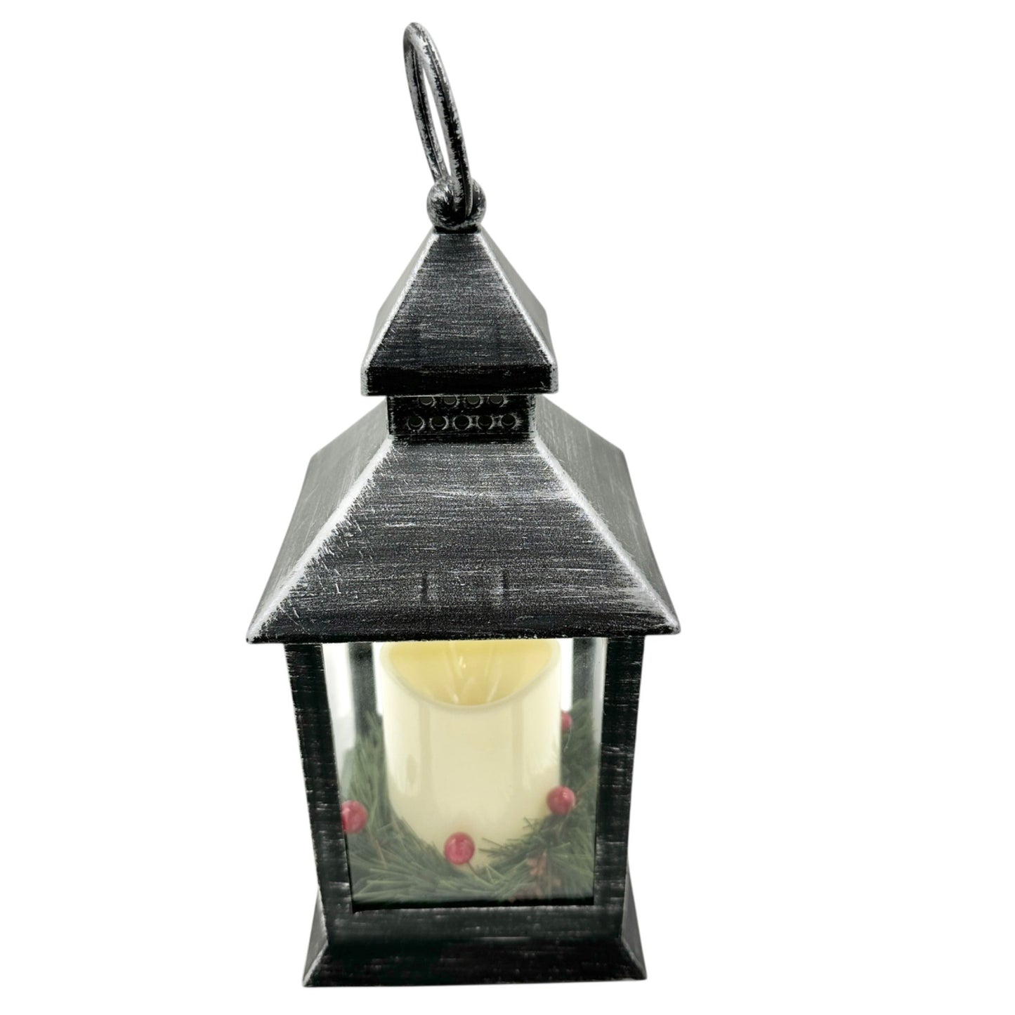 Christmas Lantern With LED Candle Black Silver Plastic Battery Operated WORKS