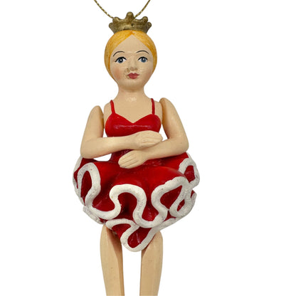 Ballerina Jointed Peg Ornament Doll Gold Crown Red Tutu 6 Inches Hand-Painted