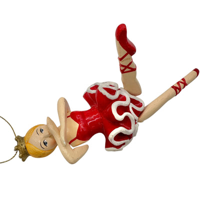 Ballerina Jointed Peg Ornament Doll Gold Crown Red Tutu 6 Inches Hand-Painted